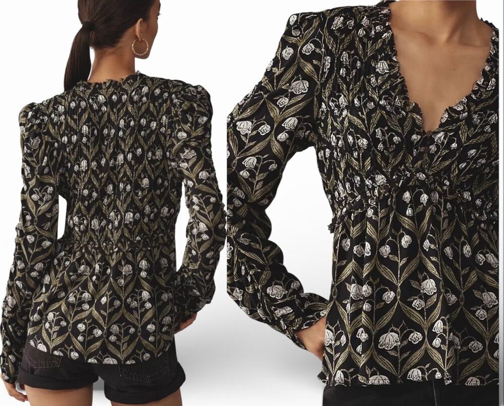 Anthropologie Ruched-Sleeve V-Neck‎ Top